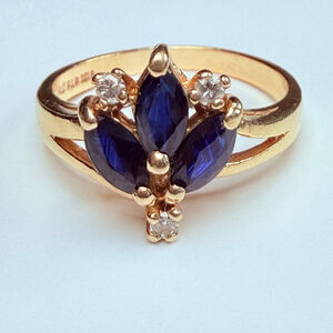 10K Solid Yellow Gold Blue Sapphire & Natural Diamond Cocktail Vintage Ring